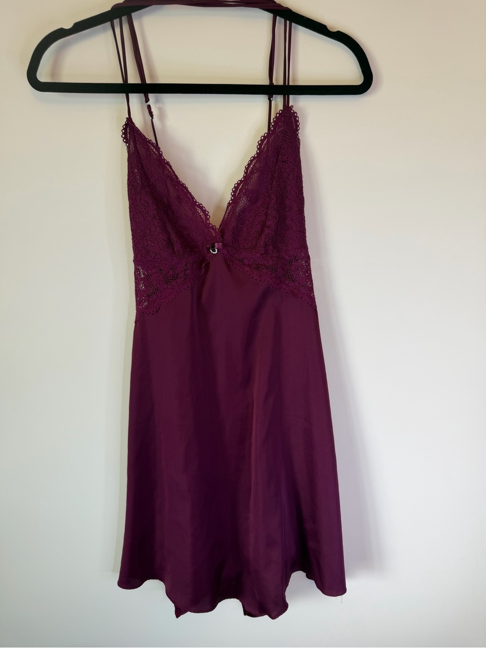 Lace Trim Satin Slip Dress - Deep Plum